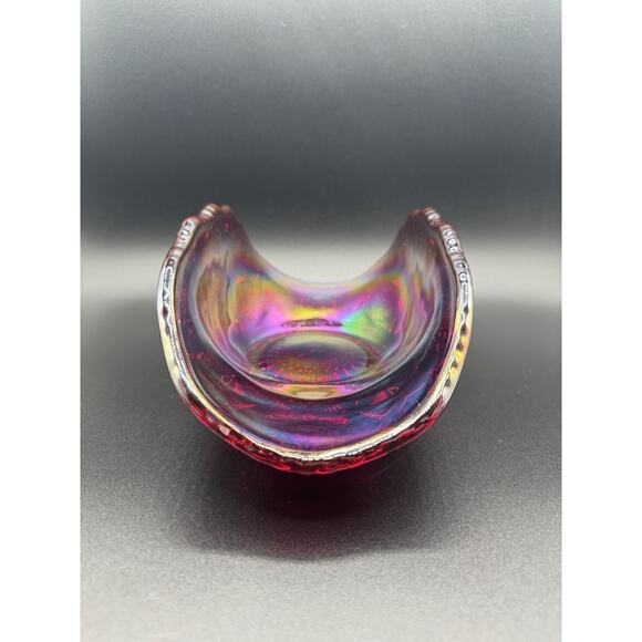 L E Smith Ruby Red Iridescent Carnival Glass Quintec Pattern Banana Bowl Vintage - Picture 2 of 7
